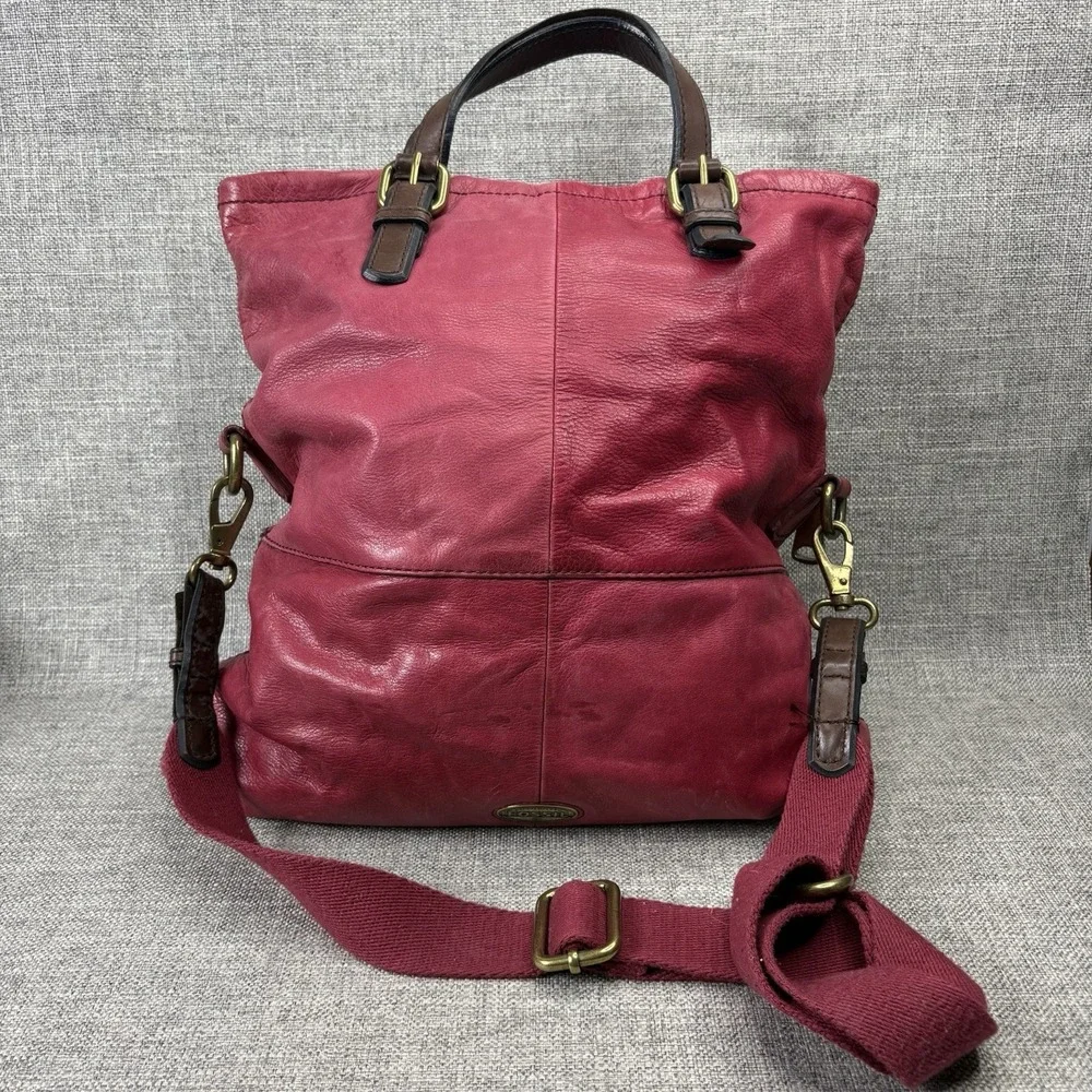 Fossil Magenta Leather Convertible Crossbody  Messenger Fold Over Tote Bag